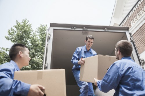 Packed office boxes ready for transport during a commercial relocation