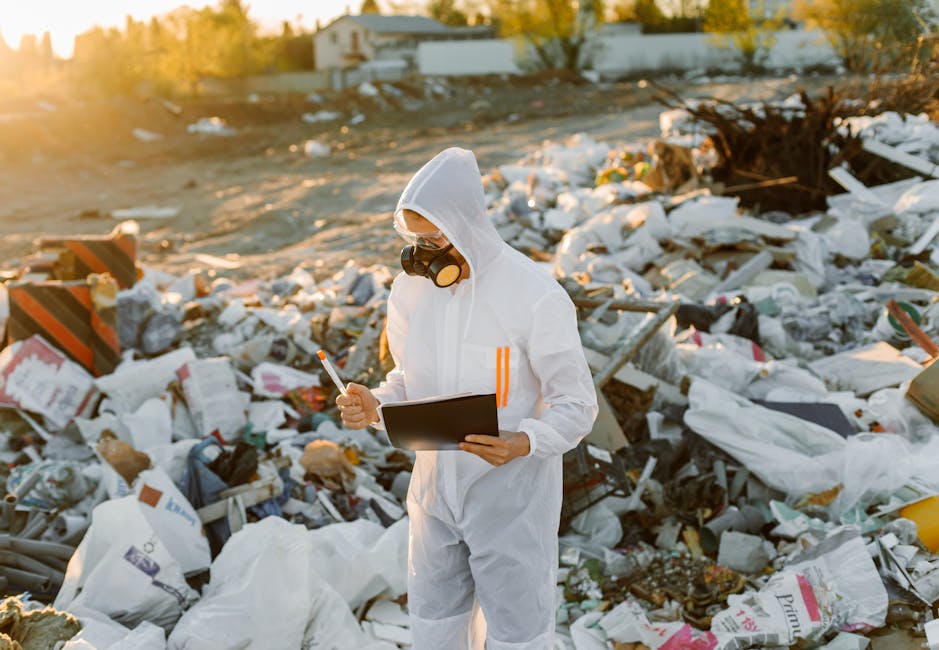 A person wearing a full white protective suit, including a hood and a respirator mask, is standing amidst a large amount of assorted household waste and debris, which includes cardboard boxes, plastic bags, and discarded household items. The individual is holding a black clipboard and a pen, appearing to be inspecting or documenting the waste. This scene is set outdoors in a landfill or waste disposal area during late afternoon or early evening, with the sun low in the sky casting a warm glow. In the background, there are distant trees and some buildings, with the ground covered in a mixture of rubbish and trash materials. The image illustrates waste management or hazardous waste disposal processes relevant to house relocations and moving services, aligning with the theme of managing waste legally and responsibly, as addressed in 'Hazardous Waste Disposal for Paddington Moves: Local Laws, MAN WITH VAN PADDINGTON'.